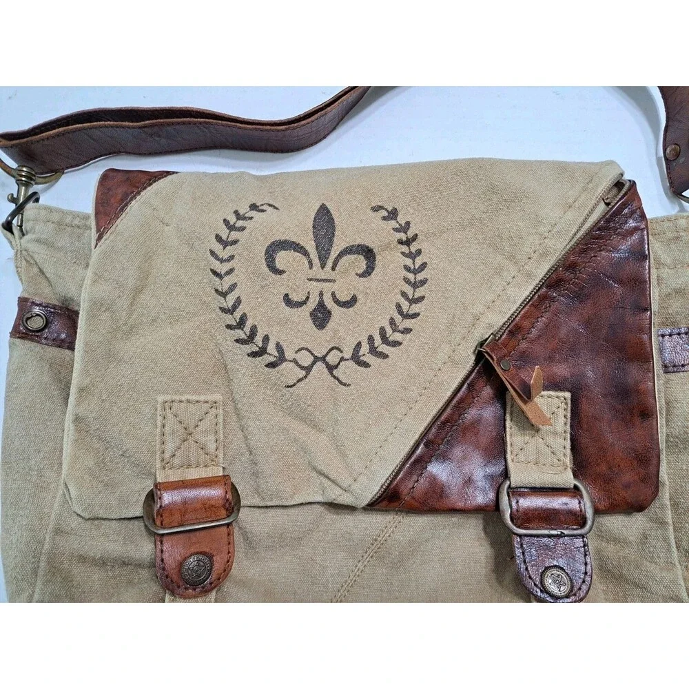 Canvas Leather Brown Messenger Bag Purse Oklahoma Fleur De Lis Khaki