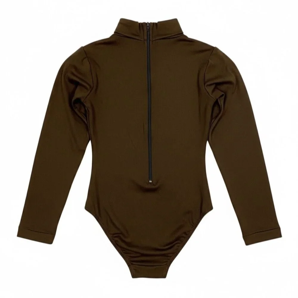 Long Sleeve Bodysuit Child’s L 12-14 Brown Turtleneck Leotard Zip Back Cheer