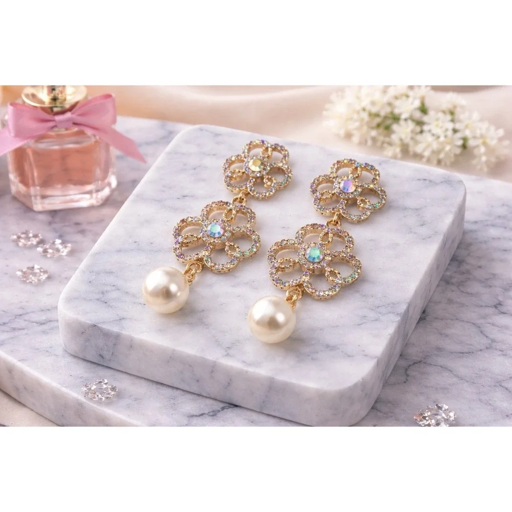 Mint Aurora Borealis Rhinestone Flower Drop Earrings Gold Tone Faux Pearl Statem