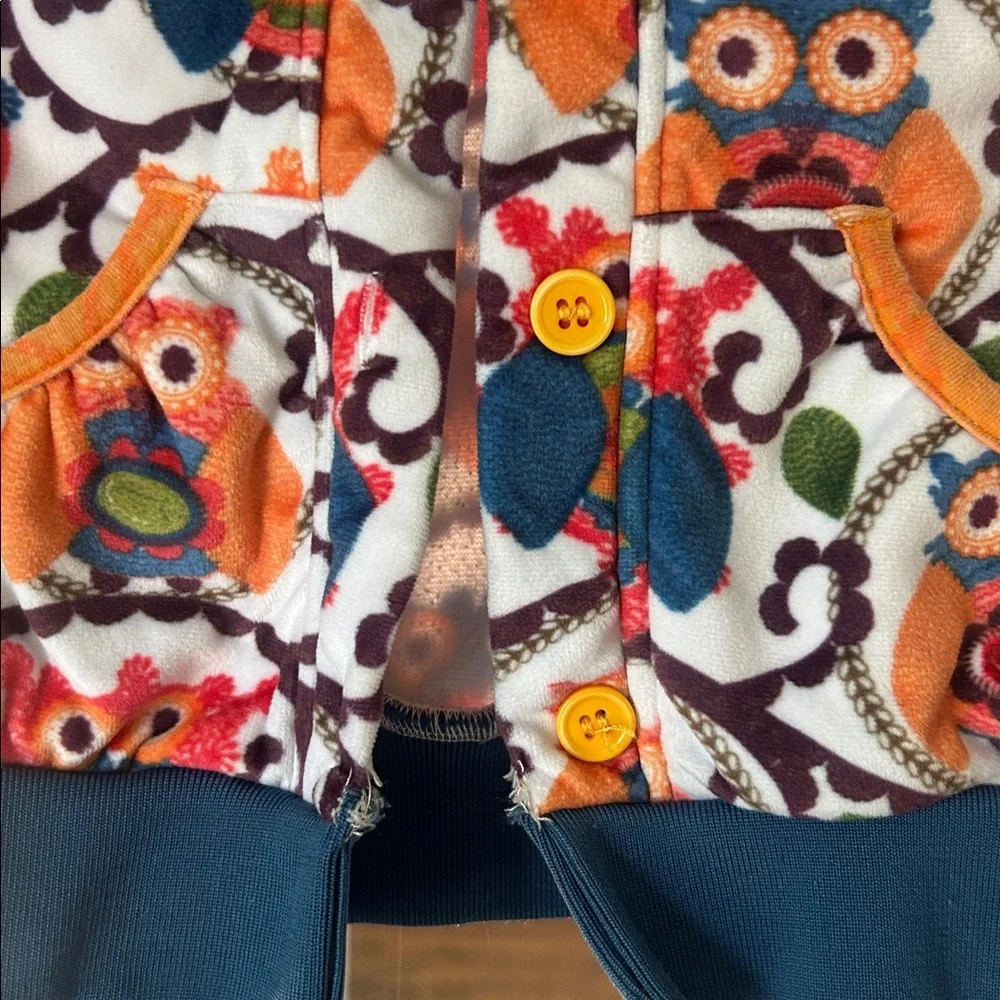 Jelly The Pug Multicolor Owl Print fleece  size 5 Crochet collection bomber