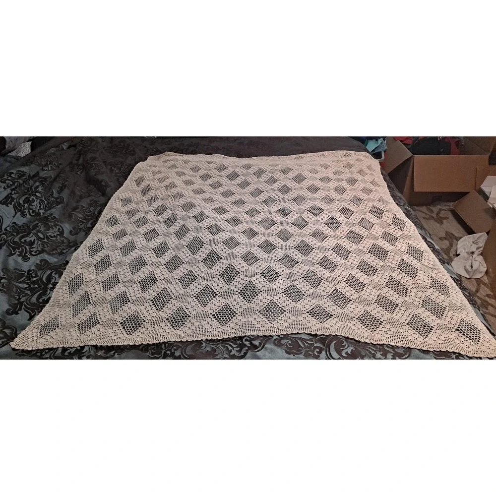 Antique Hand Crocheted Cotton Square Tablecloth 48