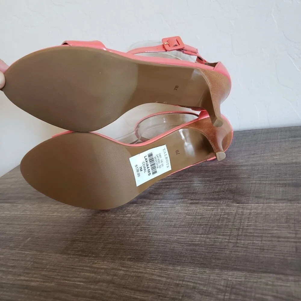 Talbots Lakia Patent Leather Ankle Strap Heels Sandal Open Toe Coral Sz Womens 7