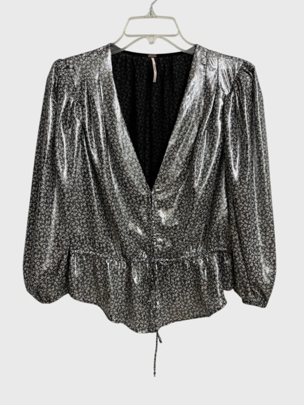 Free People Small Talk That Talk Metallic Silver Floral Top Blouse Size S Shiny