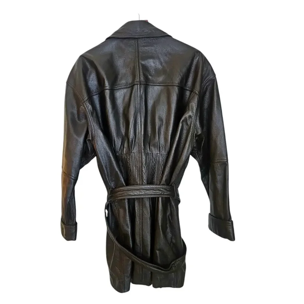 Together! Vintage Dark Brown Leather Double Breasted Trench Coat with Belt