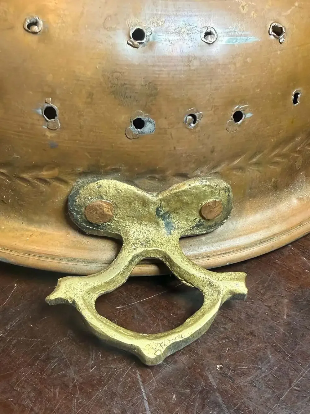 Antique French Style Tin Lined Copper Colander Brass Handles Stamped Star Design
