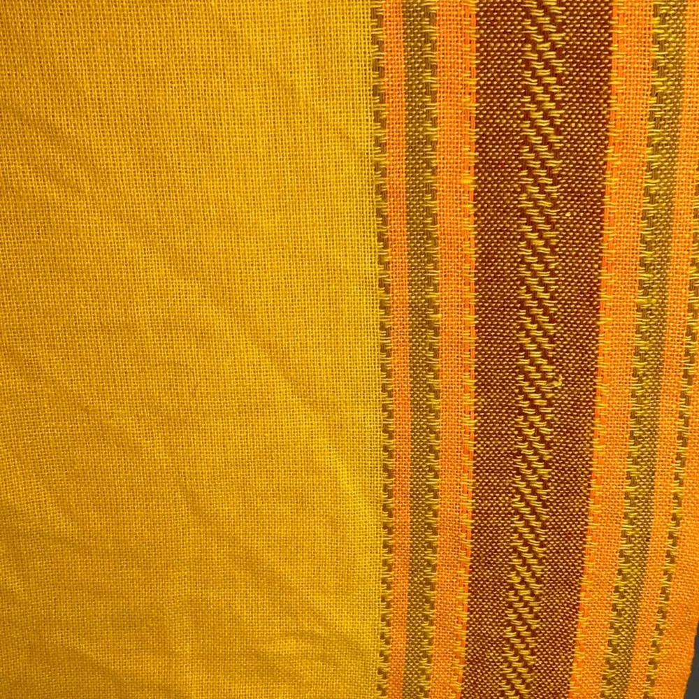 Vintage yellow 70’s‎ tablecloth orange stripes down side 2 in middle 52 x 61 404