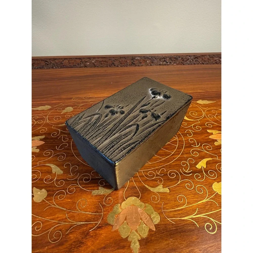 Vintage Cast Iron Jewelry Box with Iris Relief Design