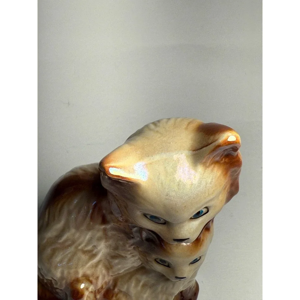 GF Brazil Ceramic Cat Figurine Mother & Kitten Brown Cream Glaze 6