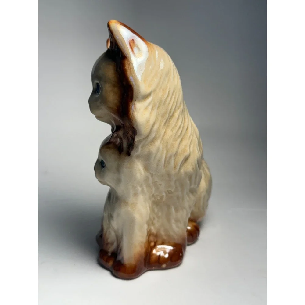 GF Brazil Ceramic Cat Figurine Mother & Kitten Brown Cream Glaze 6