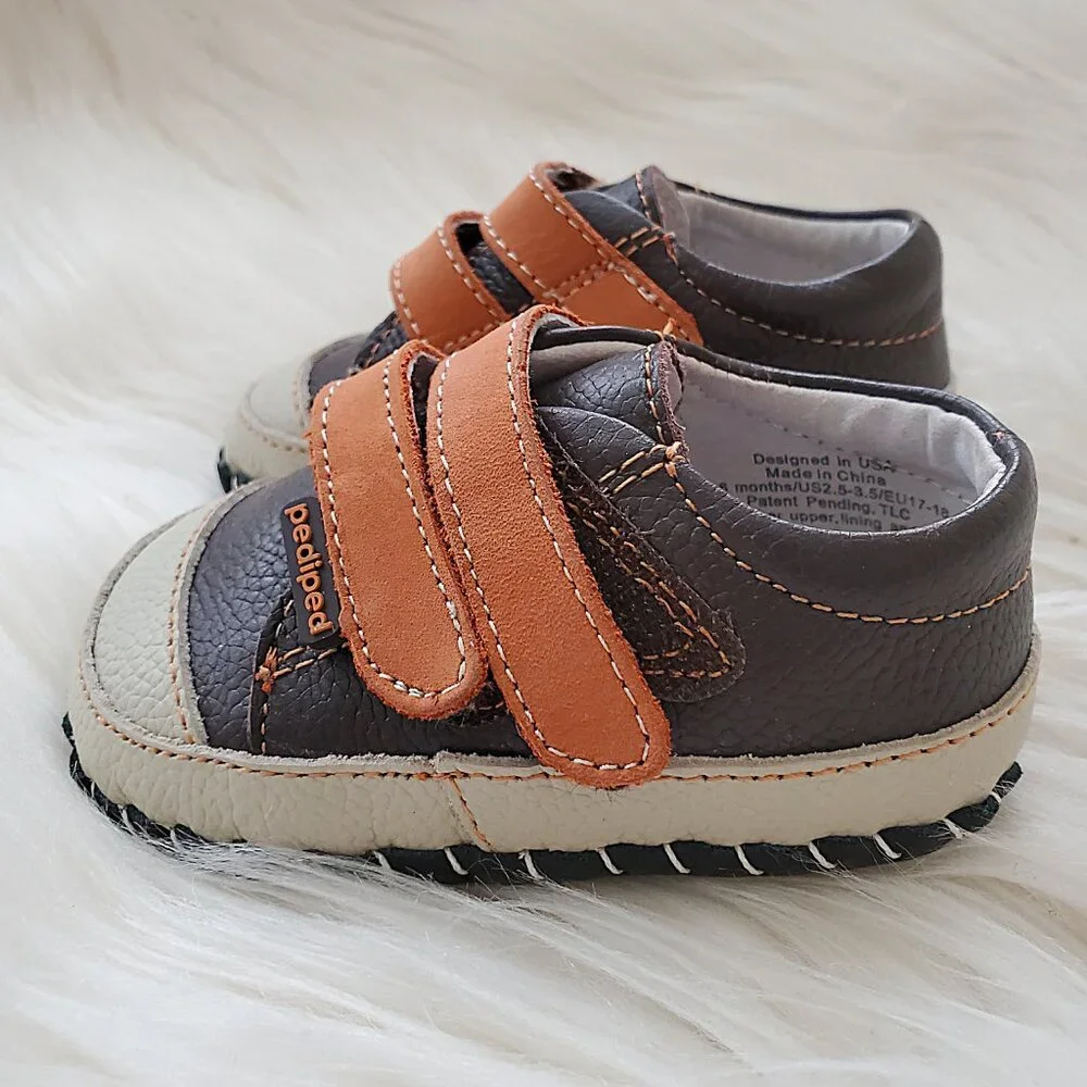 Pediped Brown Leather Soft Sole Velcro Handcrafted Shoes SZ 0-6M