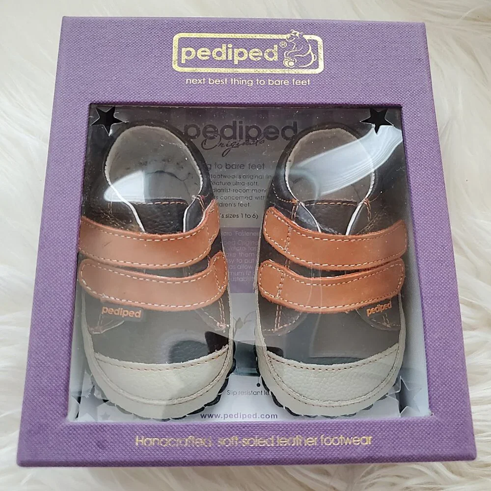 Pediped Brown Leather Soft Sole Velcro Handcrafted Shoes SZ 0-6M