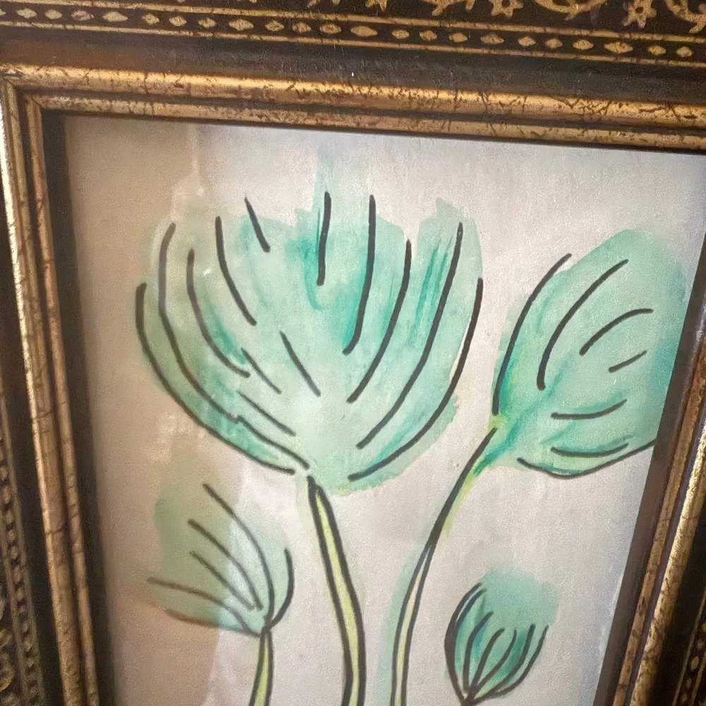Vintage  Gold and Black Picture Frame with original watercolor Floral Art 5x7”