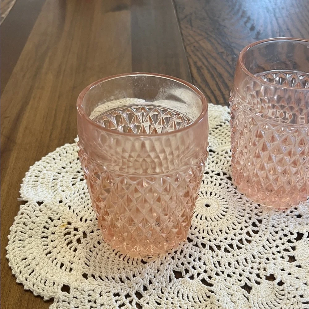 Vintage pink Indiana glass tumblers add touch