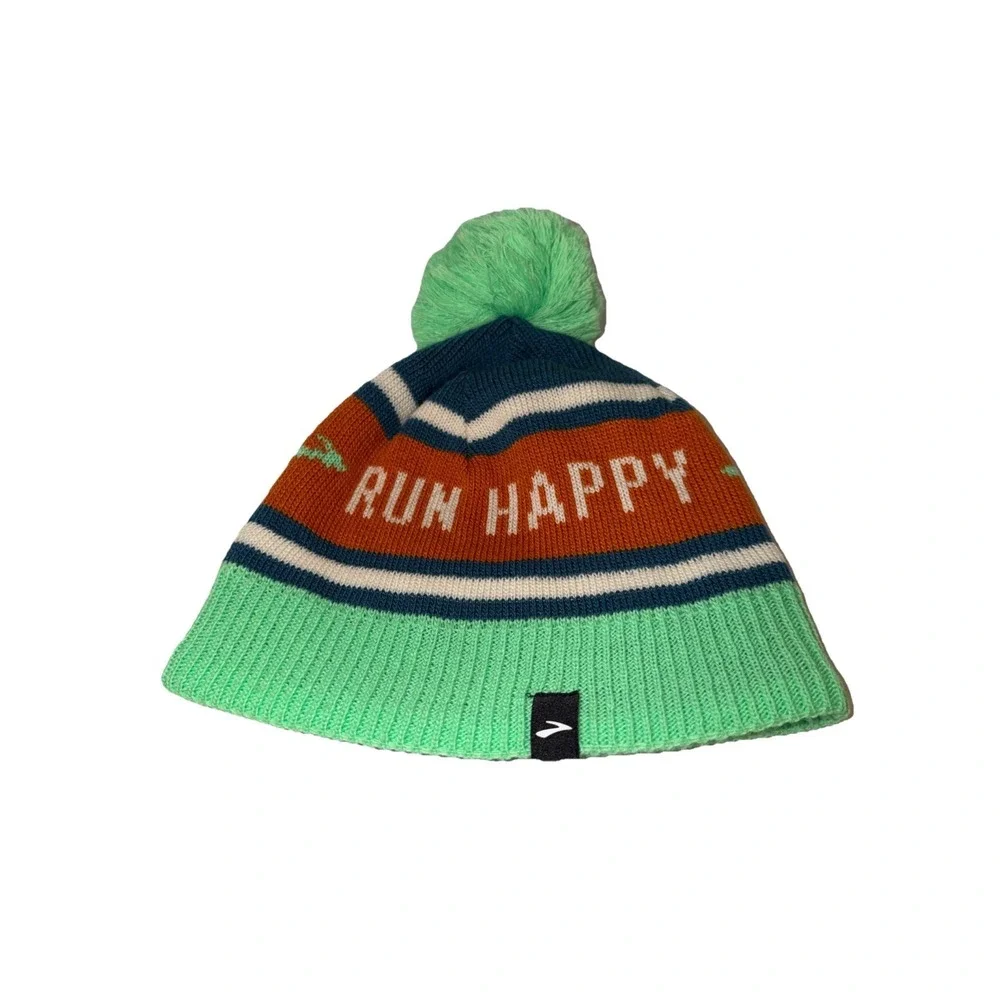 Brooks Run Happy Heritage Pom Pom Beanie DK Ocean Unisex Running Apparel Hat