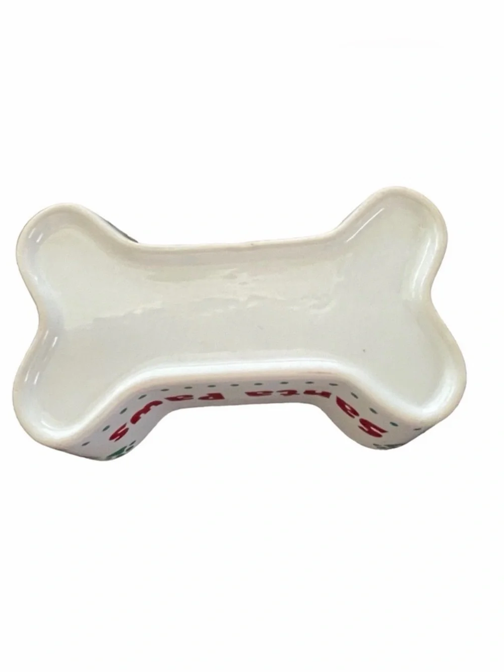 Santa Paws Ceramic Bone Pet Bowl - White with Red and Green