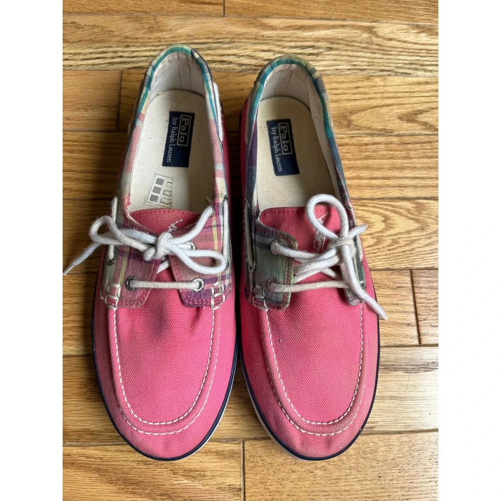 Polo Ralph Lauren Pink Canvas Plaid Trim Boat Shoes Preppy Yacht Club 6.5