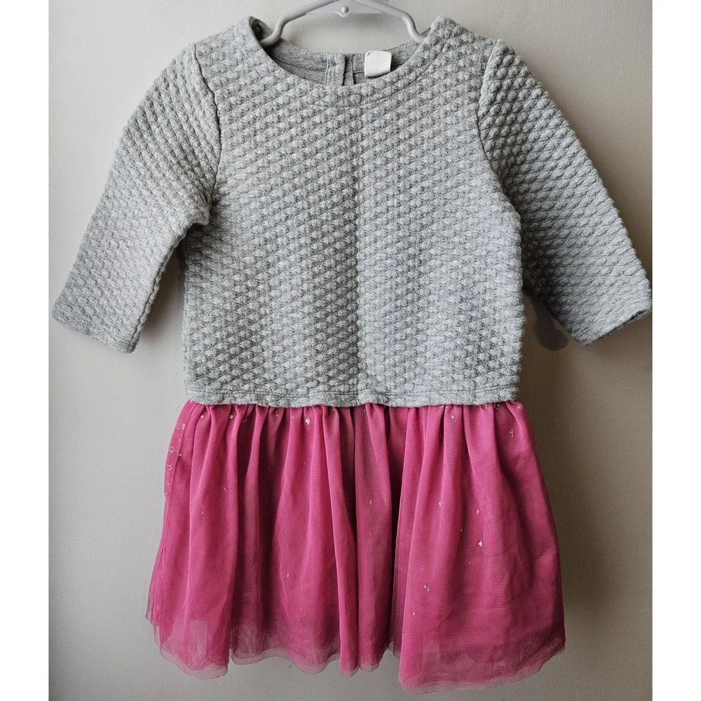Baby GAP Toddler Girl Dress Sz 4T‎ Gray Quilted Top Pink Tulle Skirt Long Sleeve