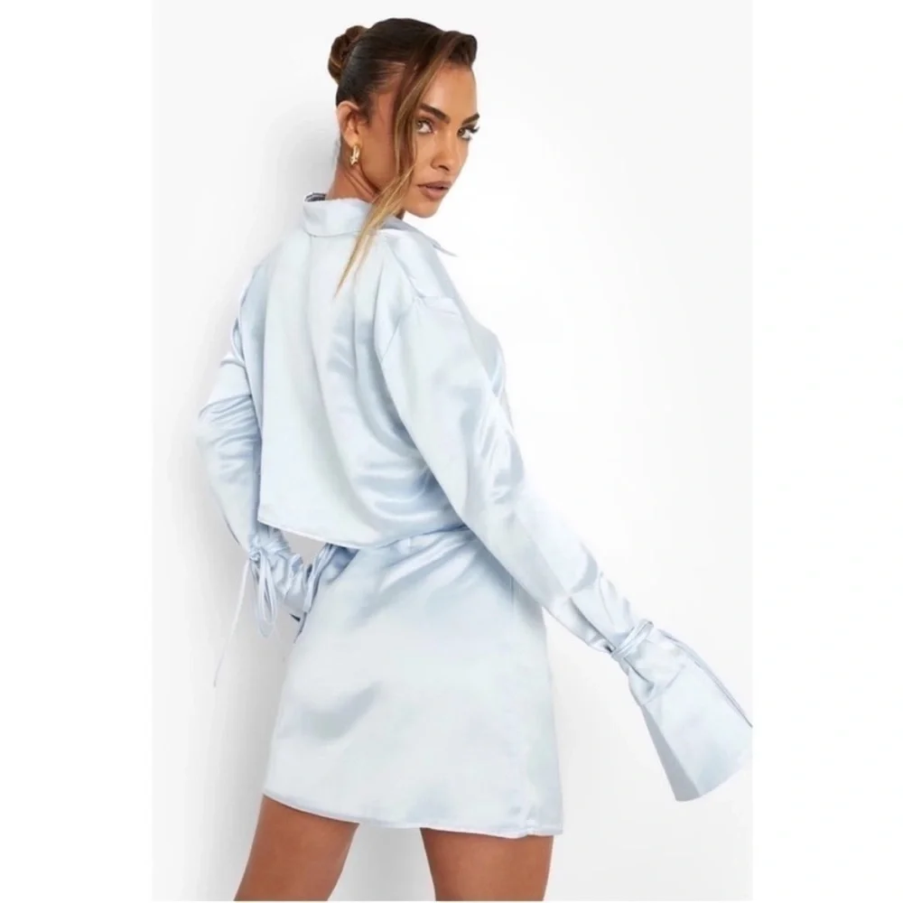 NEW! Boohoo - Baby Blue Satin Button Up Adjustable Tie Crop Top and Skirt Set