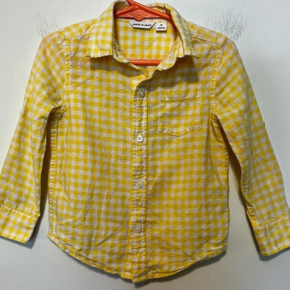 Janie and Jack Linen Blend Yellow and White Checked Long Sleeve Button Down 2T