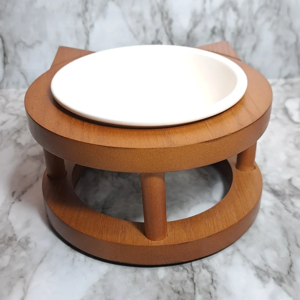 Phoebe & Max Pet‎ Bowl Set Elevated Ceramic Raised Cat Food Bowl Wood