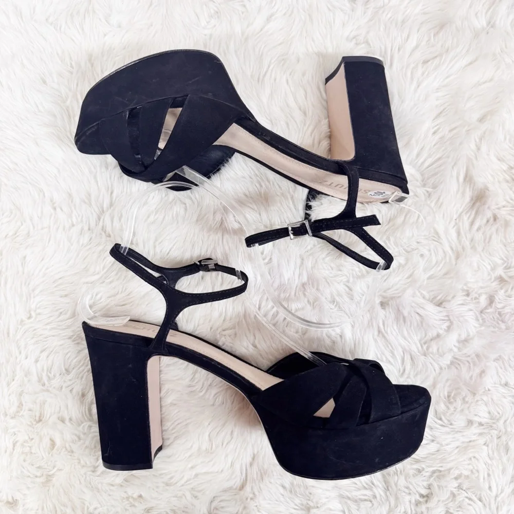 SCHUTZ Keefa Black Suede‎ Platform Sandal Size 10.5 Block Heel Sexy Party Goth