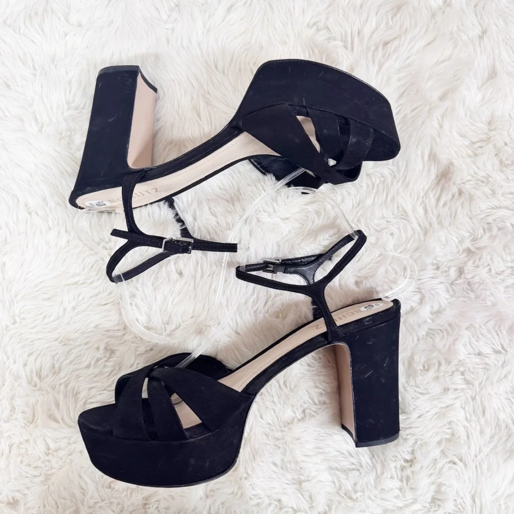 SCHUTZ Keefa Black Suede‎ Platform Sandal Size 10.5 Block Heel Sexy Party Goth