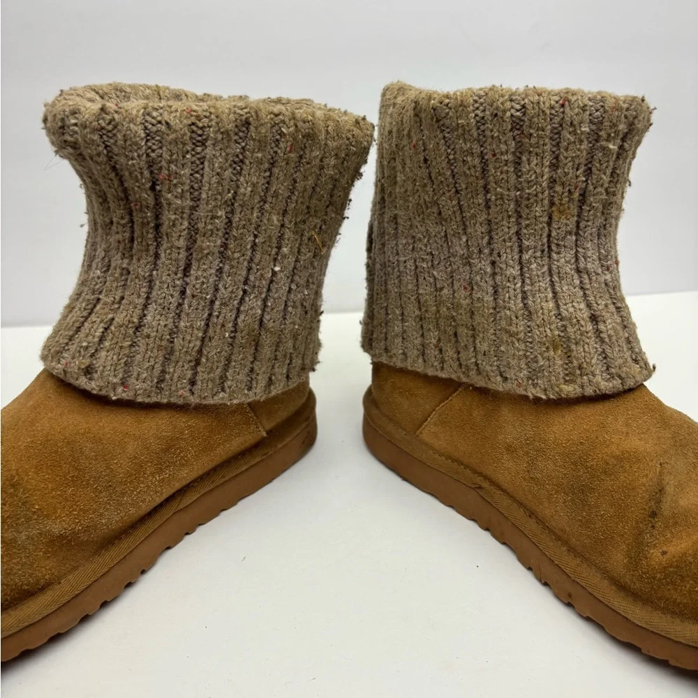 Ugg Suede Slip-On Boots with Knit Cuff - Tan, SZ 5 for big girl, box 29