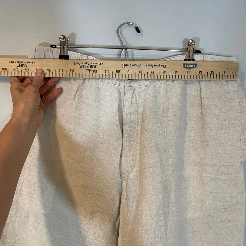 Caribbean Mens 100% Linen Flat Front Pants Beige 40x32 Straight Leg Resort