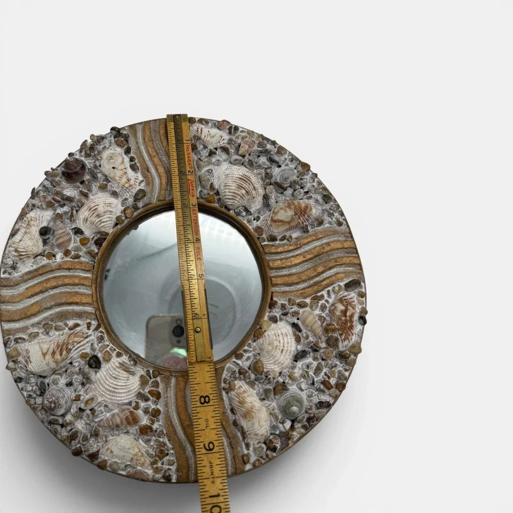 Vintage Handcrafted Seashell Round mirror Coastal Decor Shell and Wave Detail