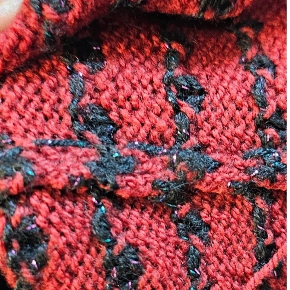 Vintage‎ Red Black Metallic Knit Cardigan Sweater Polka Dot Button Front Shimmer