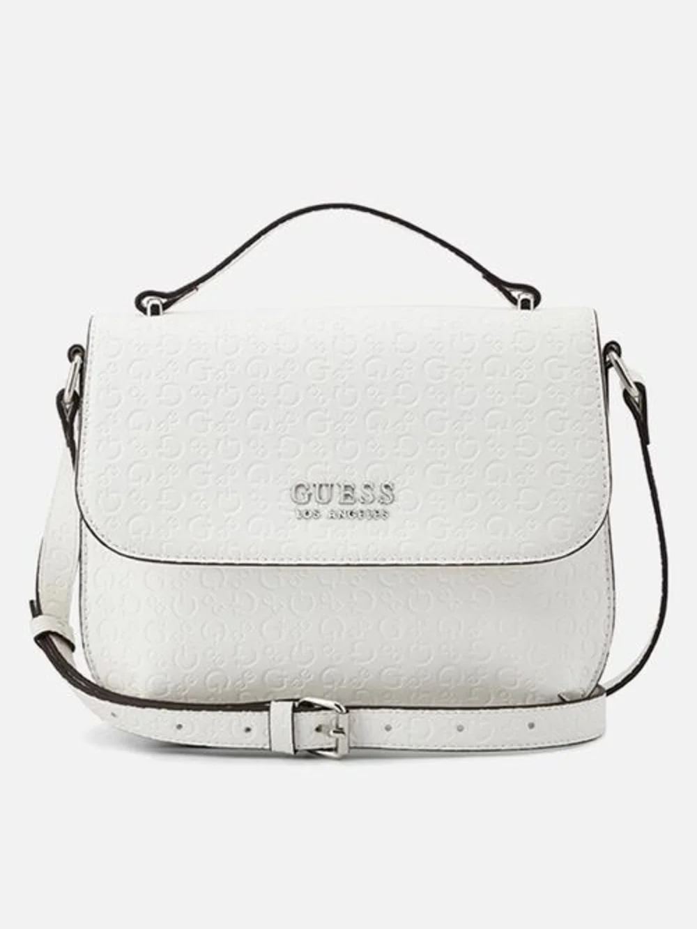 GUESS White Embossed Top-Handle Satchel with Crossbody Strap