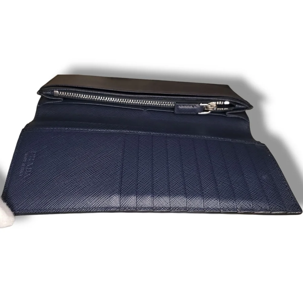 Prada Bicolor Black & Blue Saffiano Leather Long Wallet Sleek Minimalist Design