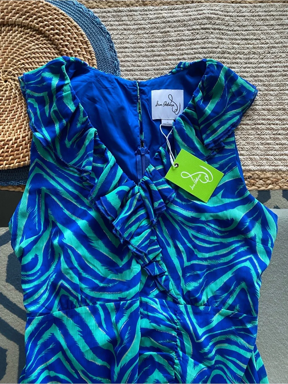 SAM EDELMAN Breezy Zebra Sleeveless Rouched Front Mini Dress in Blue & Mint! 🏝️