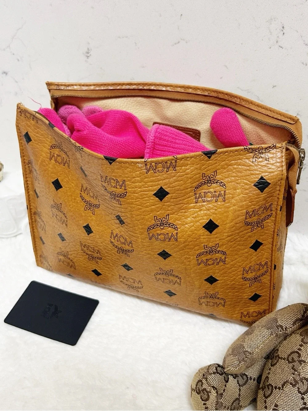Authentic MCM Cognac Classic Monogram XL Cosmetic Bag / Clutch
