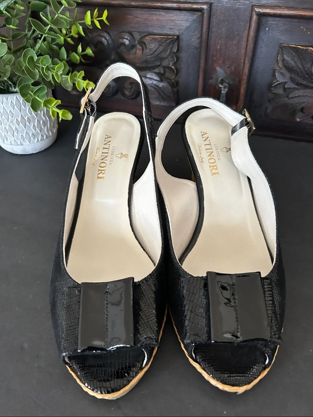 Antinori Black Patent Accent Espadrille Slingbacks
