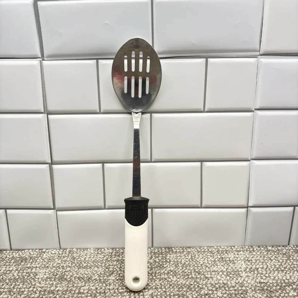Vintage Ekco Slotted Spoon Stainless Black And White Handle Serving 13