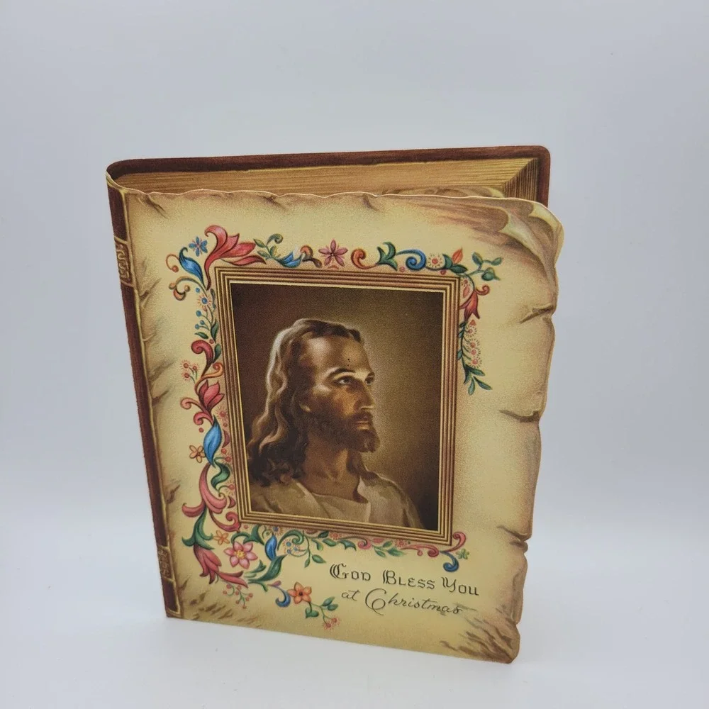 Vintage Religious‎ Christmas Card Jesus God Bless You Book Shaped