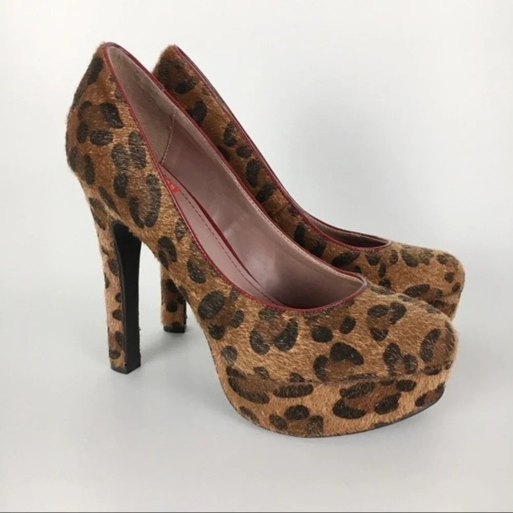 Pink & Pepper Size 8.5 Pin Up Rockabilly Leopard Faux Fur Platform Heels Pumps‎