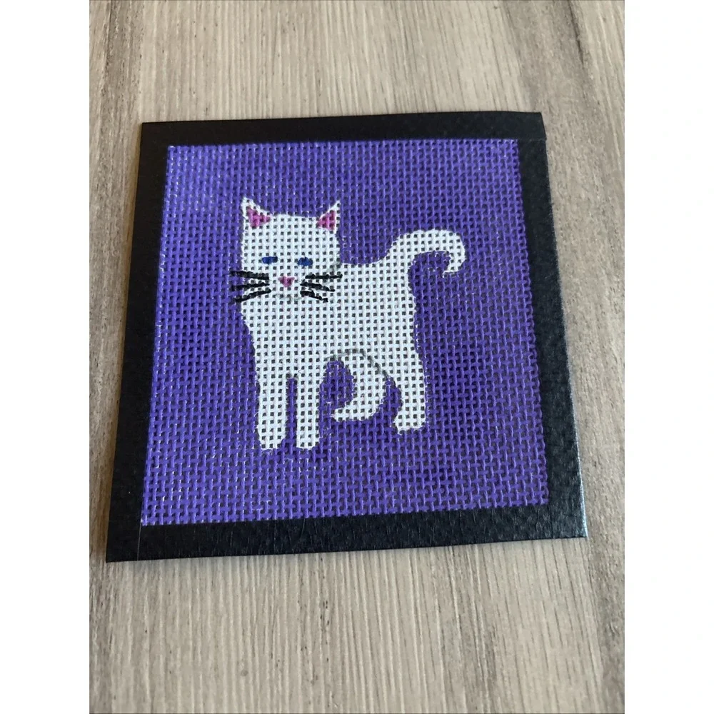 Handpainted Needlepoint Canvas Purple White Cat 13 Mesh 4.5