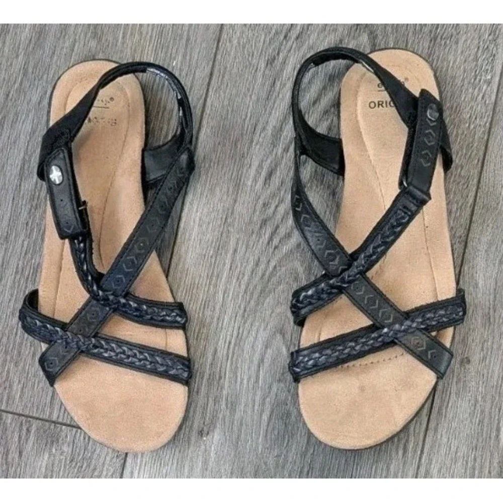 Earth Origins 6W‎ Belle Bentley Strappy Adjustable Sandals Black Leather Comfy