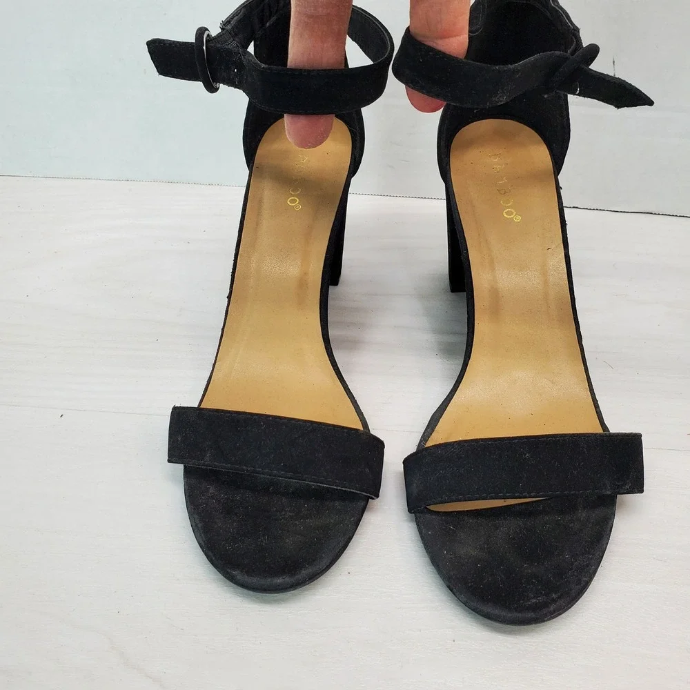 Bamboo Black Suede Ankle Strap Block Heel Sandals Women Size 10