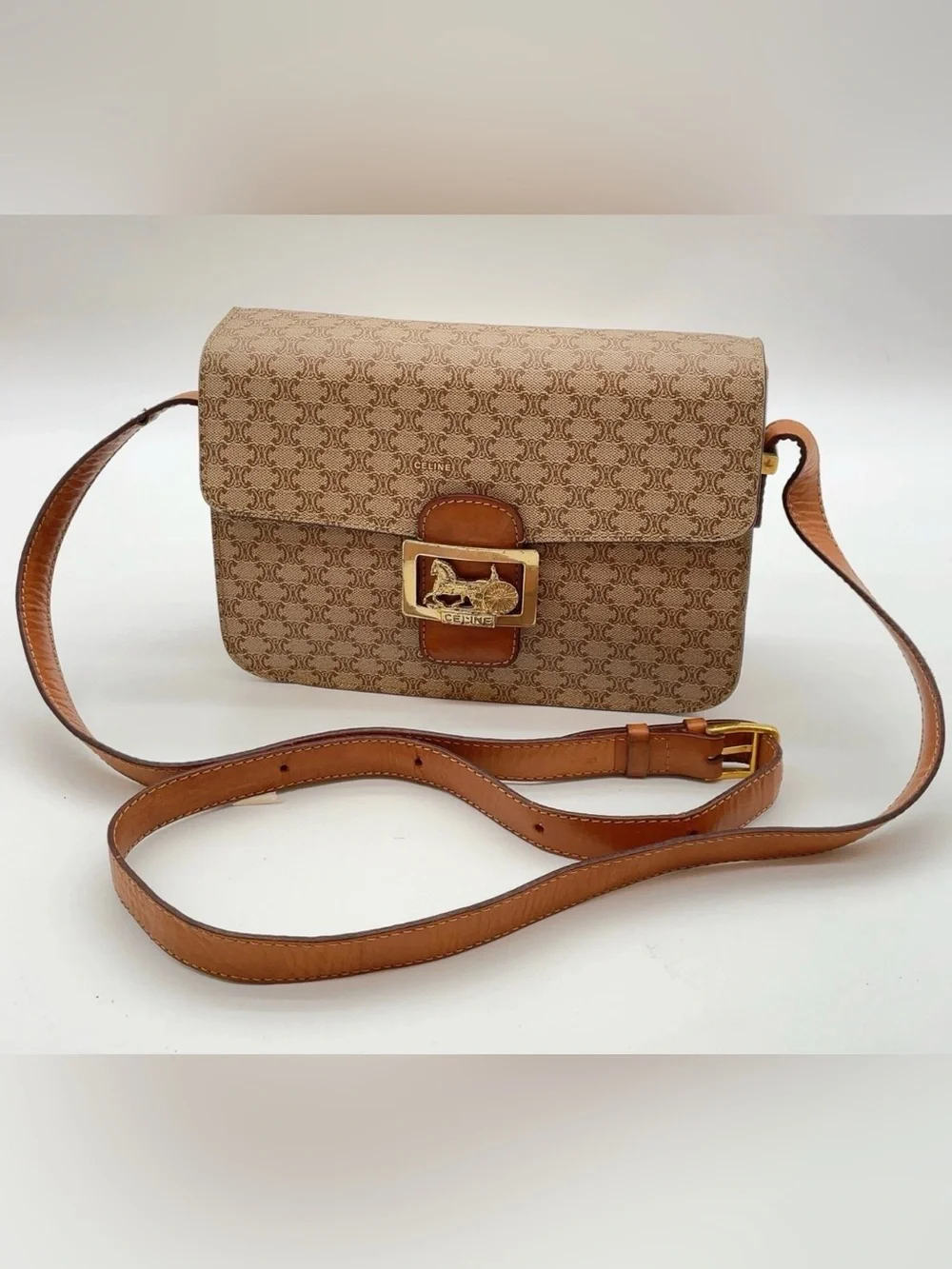 CELINE Vintage 90’s Rare Brown Macadam Triomphe Canvas Horse Carriage Crossbody