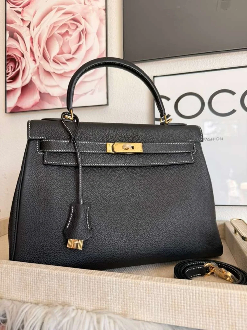 H Kelly 32 Retourne Black imported Togo GHW contrasting stitching handmade