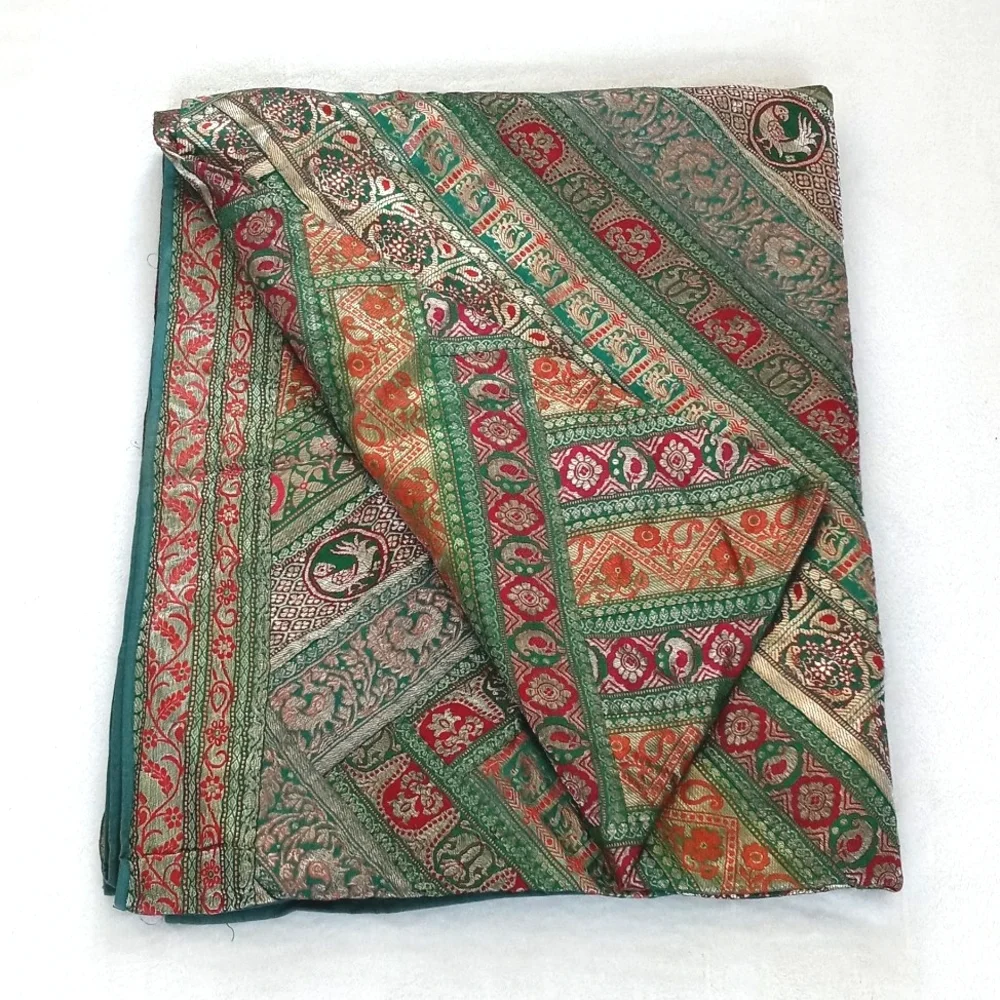 Unique Gorgeous Silk Green Patchwork Batik Bedspread / Tapestry from India