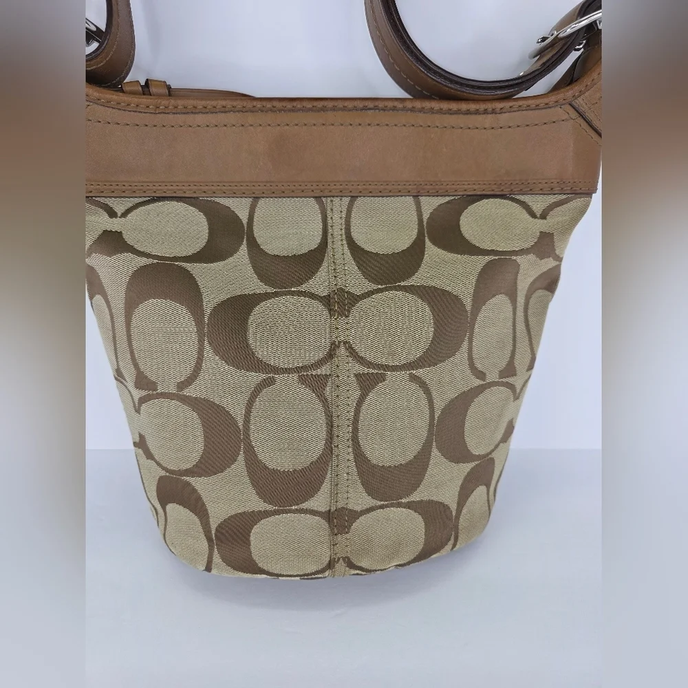 Y2k Coach Signature Canvas Bucket Medium Shoulder Bag F13358 Leather Silver