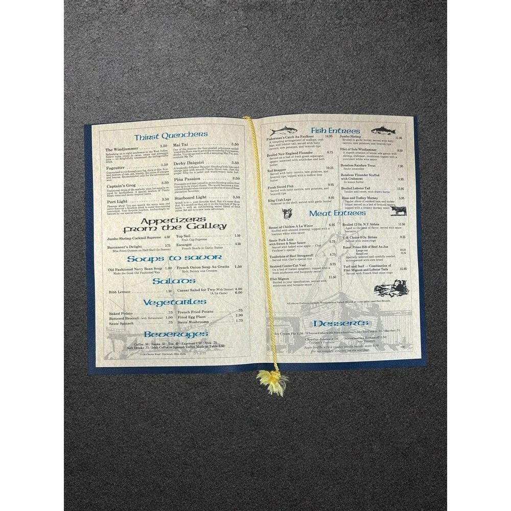 VTG Windjammer Barefoot Cruises Ship Restaurant Menu Blue Gold Tassel Nautical