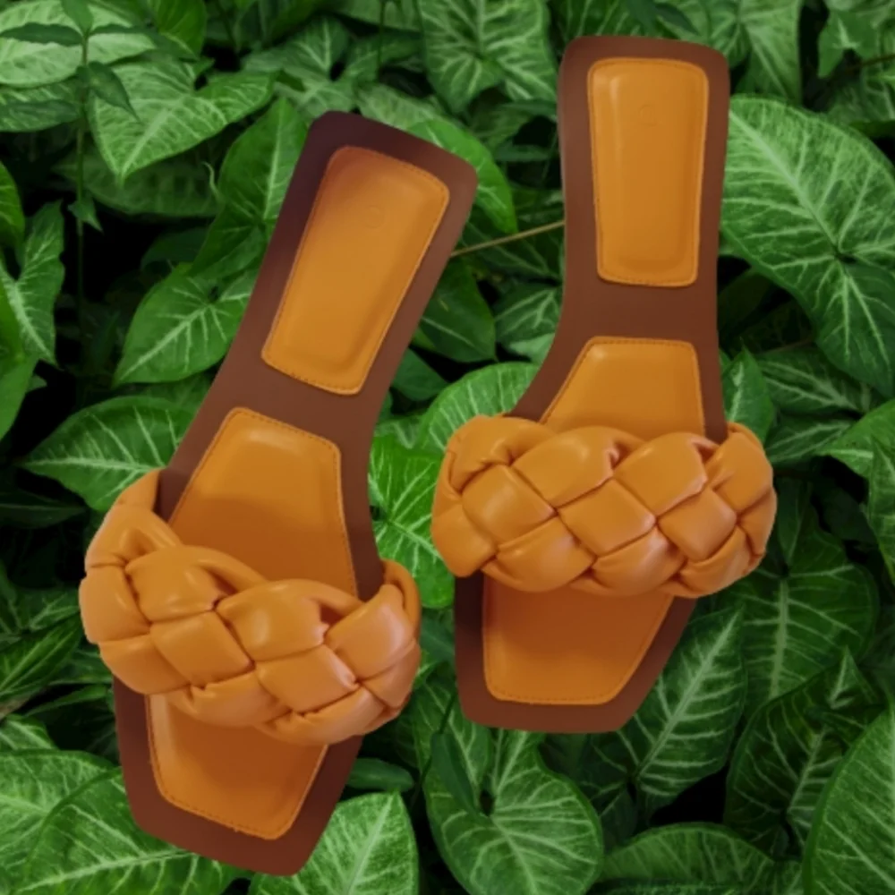 Women's Square Open Toe Braided Leather Orange Slip-On Slide Sandals Beach Shoes