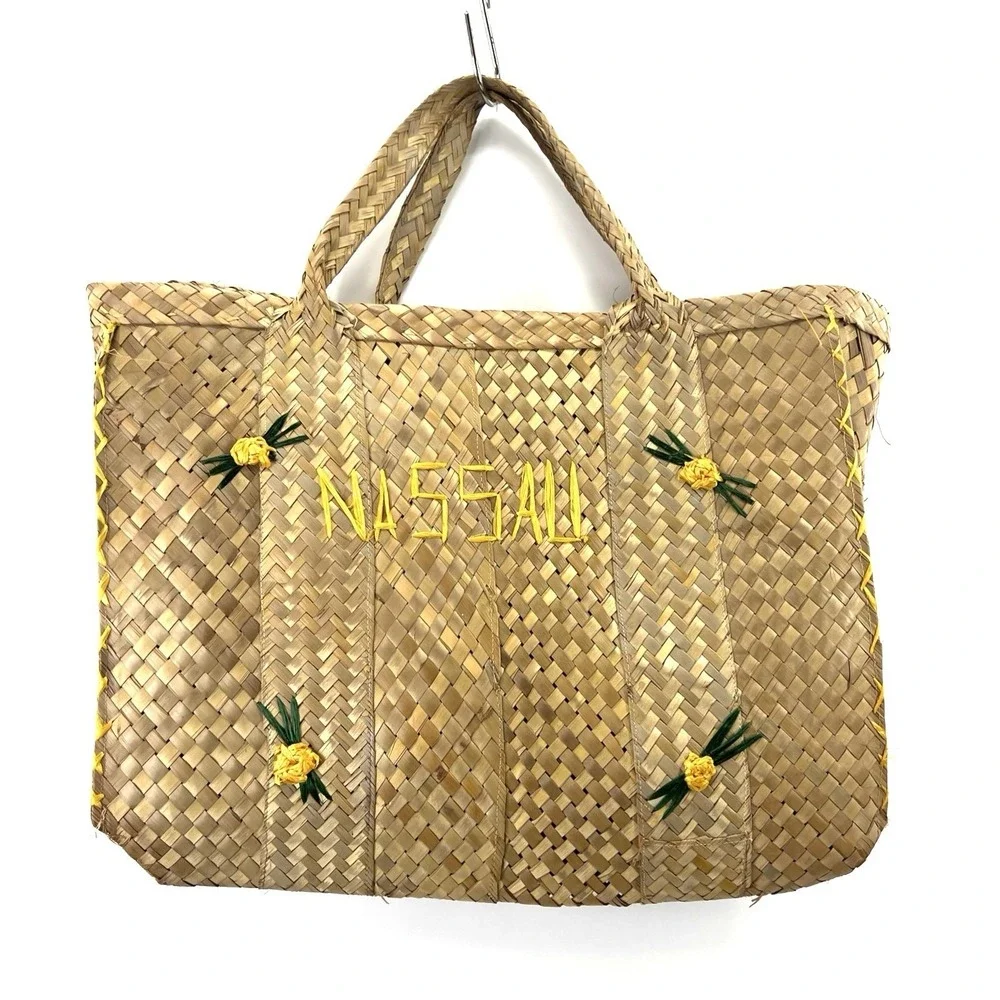 2 Vintage Woven Nassau Bahamas Straw Wicker Hobo Lined Tote Bag Flowers
