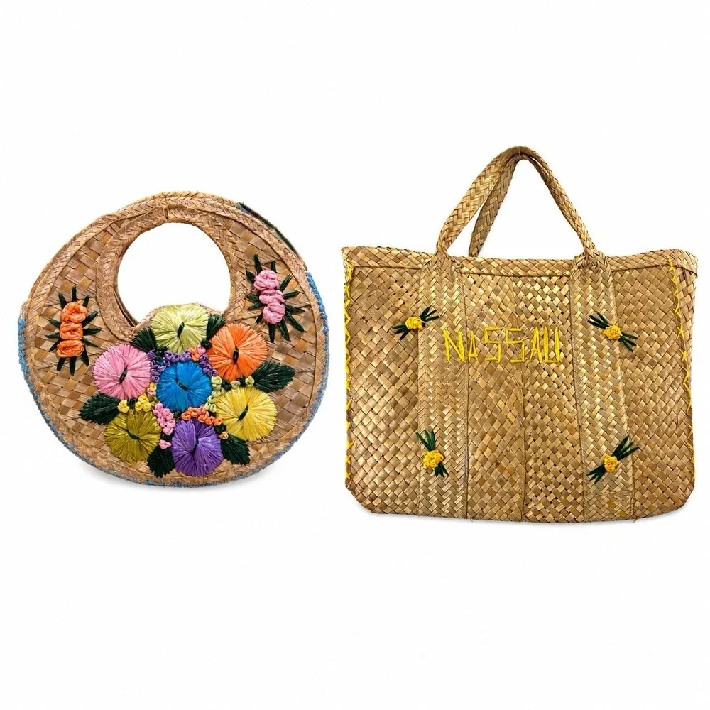 2 Vintage Woven Nassau Bahamas Straw Wicker Hobo Lined Tote Bag Flowers
