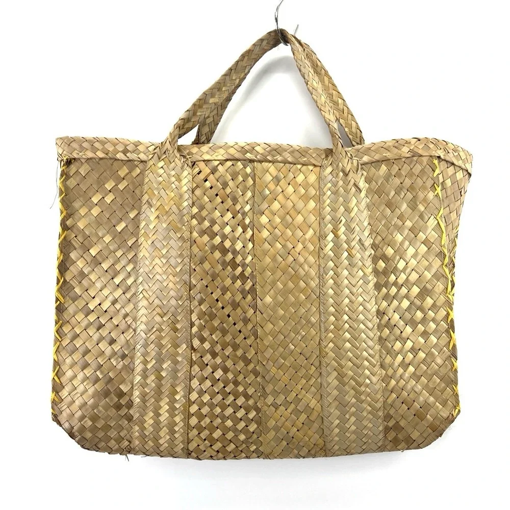 2 Vintage Woven Nassau Bahamas Straw Wicker Hobo Lined Tote Bag Flowers